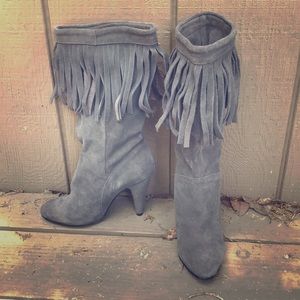 Grey Suede Heeled Boots with Fringe Trim